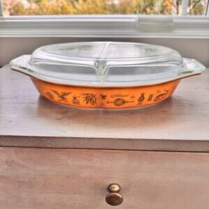 PYREX Early American 1.5 Quart Divided Casserole Dish & Lid Eagle 1 1/2 Qt VTG